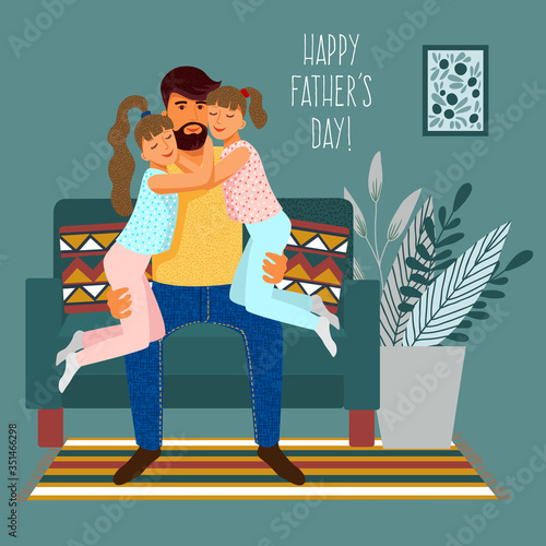 Cute flat cartoon father and Two daughters in the interior. Vertical Vector Templates for card, poster, flyer and other