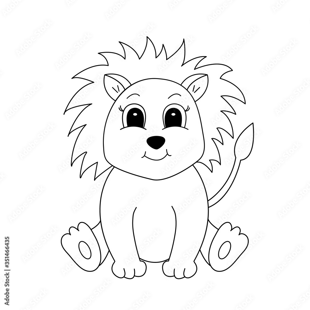 Hand drawn lion, of black contour isolated on white background. Design element for coloring book. Vector. 