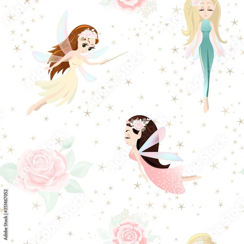 Vector seamless pattern with cute little fairy tale girls, mythical creatures