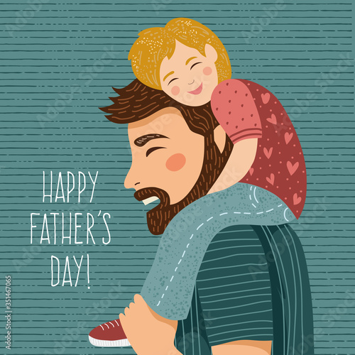 Happy father s day.Hand-drawn drawing of dad and the child sitting on his shoulders on a white background. Cute vector family illustration