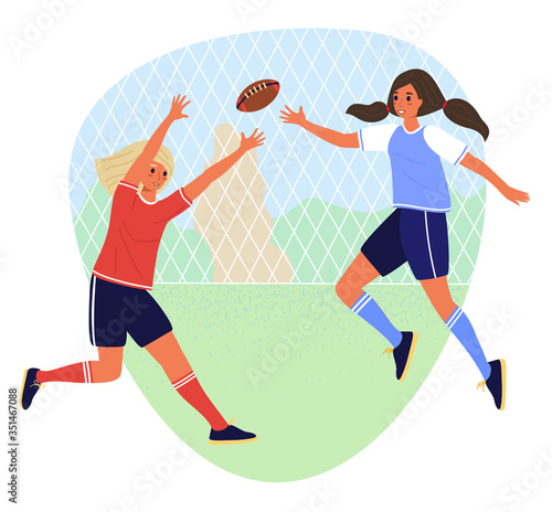 Two student girls play rugby in school sports ground. Flat cartoon vector stock illustration isolated on white background. Woman catches a ball in a team game