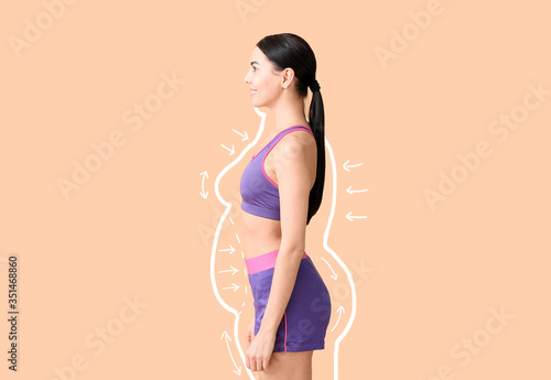 Slika na platnu Young woman after weight loss on color background