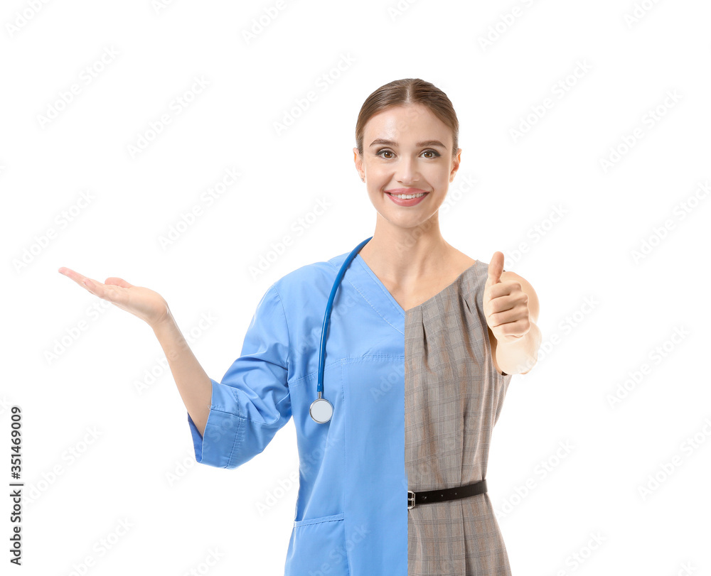 Comparison portrait of woman in uniform of doctor and formal clothes on white background Comparison portrait of woman in uniform of doctor and formal clothes on white background