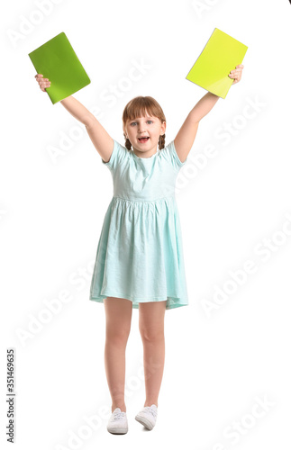 Happy little pupil on white...