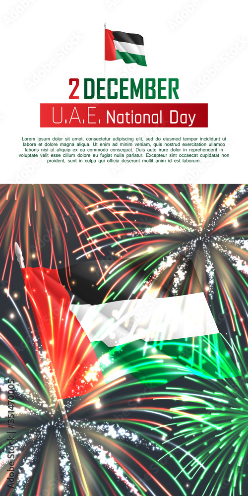 Fototapeta Pionowy baner internetowy Święto Narodowe Zjednoczone Emiraty Arabskie. Realistyczny, olśniewający pokaz fajerwerków i macha flagą ZEA. Święto patriotyczne obchodzone 2 grudnia. Ilustracja wektorowa tożsamości narodowej.
