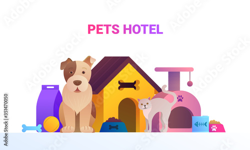 Pets service cartoon banner. Welcome to animal store concept with cute dog and cat. Pet hotel, shop or veterinary clinic vector illustration. Comfortable booth, toys and meals for animals