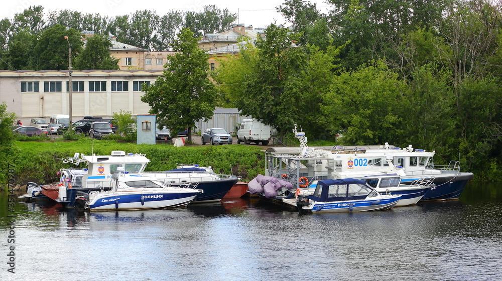 Parking police boats, Obvodny canal, Saint-Petersburg, Russia August 2017