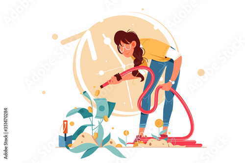 Young attractive smiling successful woman shower coins investments.