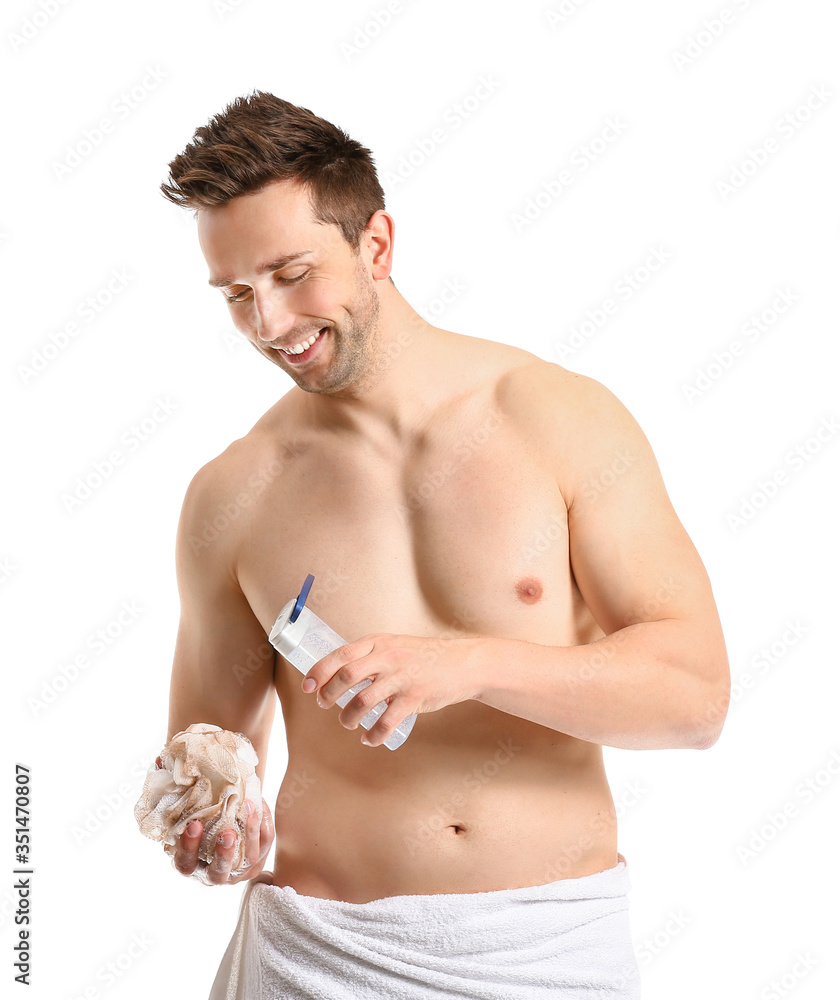 Handsome man with shower gel and loofah on white background Handsome man with shower gel and loofah on white background