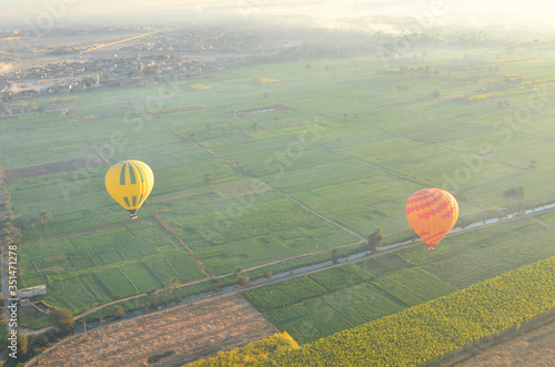 hot air balloon in the mountains