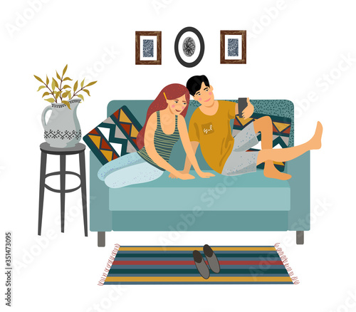 Stay home. A young couple sitting on a sofa and taking selfies isolated on a white background. Vector flat illustration.