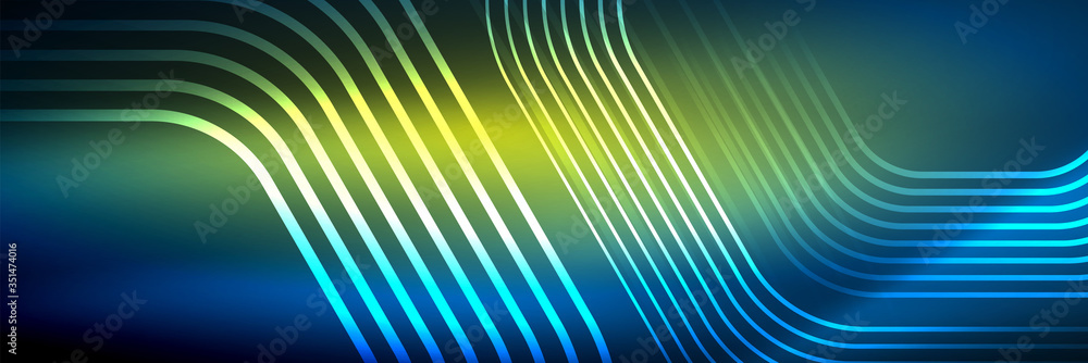 Shiny neon lines, stripes and waves, technology abstract background. Trendy abstract layout template for business or technology presentation, internet poster or web brochure cover, wallpaper Shiny neon lines, stripes and waves, technology abstract background. Trendy abstract layout template for business or technology presentation, internet poster or web brochure cover, wallpaper