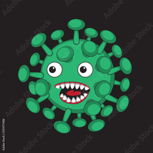 Cartoon virus green on black background. Vector image