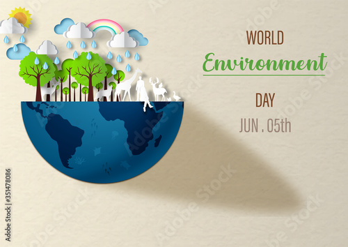 Wildlife animals with nature on a half blue earth with the day and name lettering on recycle paper color tone and pattern background. World Environment Day's poster campaign in paper cut style.