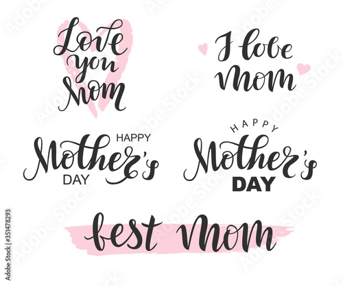 Vector Handwritten lettering for Mother's Day on white background. Black modern inscriptions for design, background, card, print, sticker, banner. Happy Mother s Day Calligraphy greeting card.