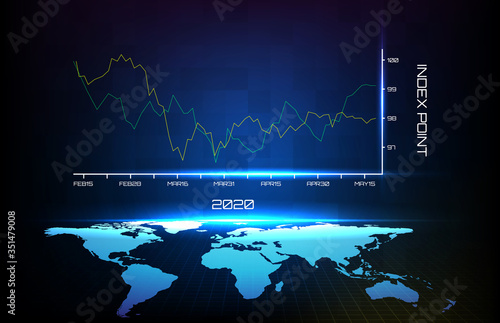 Abstract background of blue average first quarter in year 2020 graph and world map