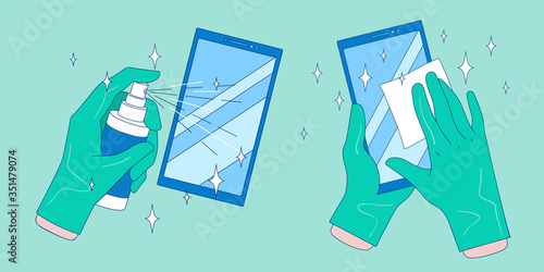 Sanitizer smartphone or smartphone disinfection. Wipe phone with alcohol napkins or antibacterial spray by hands in gloves. Coronavirus, COVID-19 personal protection. Pandemic outbreak hygiene