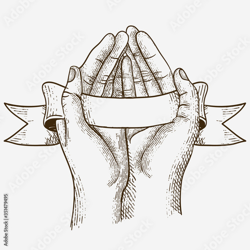 hope hand with ribbon illustration with engraving style
