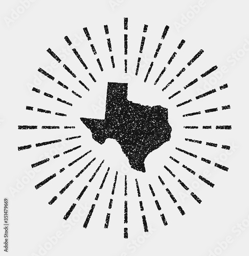 Vintage map of Texas. Grunge sunburst around the US state. Black Texas shape with sun rays on white background. Vector illustration.