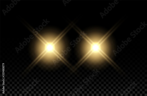 Car light effect. Headlight flare beam. Vector round train yellow flash. Auto realistic shine