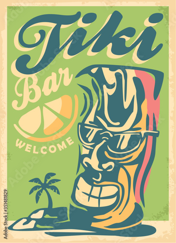 Cool Tiki mask mascot with sunglasses advertising tropical cafe bar on beach landscape. Retro summer vacation poster design. Sea and sun escape vector image.
