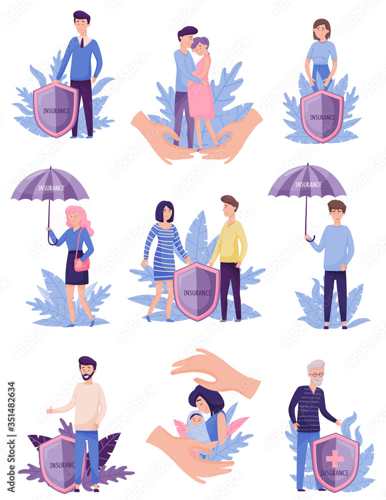 People Characters Under Umbrellas as Symbol of Insurance Service for Proper Health Vector Illustrations Set