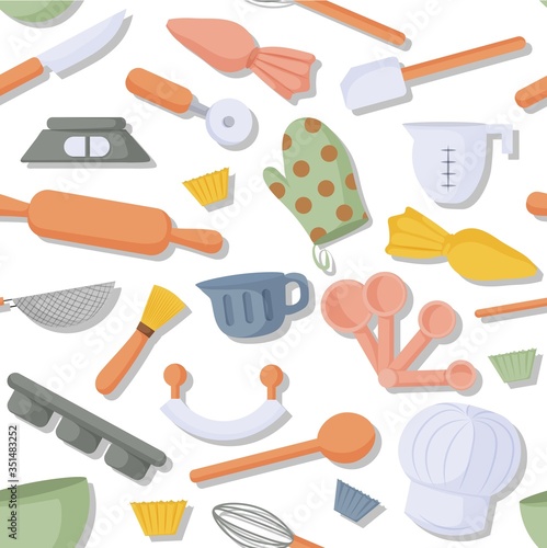 Baking tools seamless pattern. Design for decorating, packages, print, menus, recipes, wallpaper. Vector illustration.