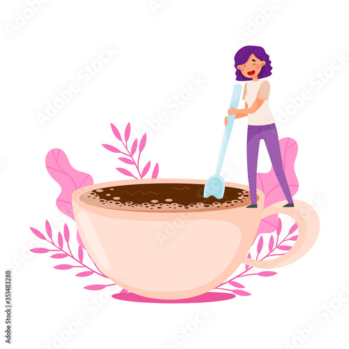Young Woman with Purple Hair Standing on the Edge of Huge Coffee Cup and Stirring with Floral Backdrop Vector Illustration
