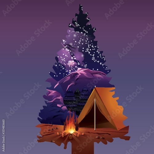 double exposure of pine tree and camping