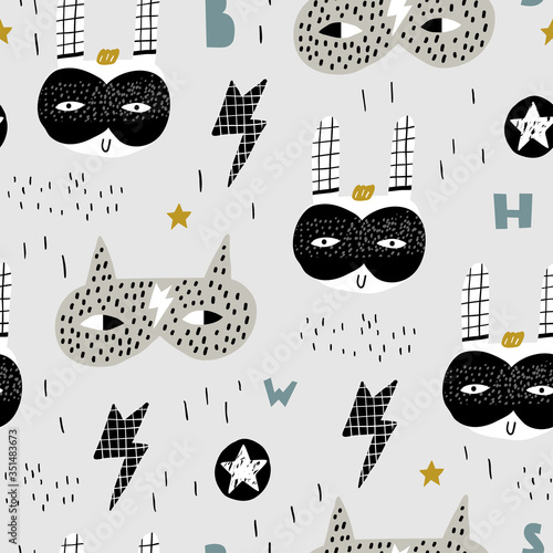 Childish seamless pattern with funny rabbit masked hero, lightning, stars. Creative texture for fabric, wrapping, textile, wallpaper, apparel. Vector illustration.