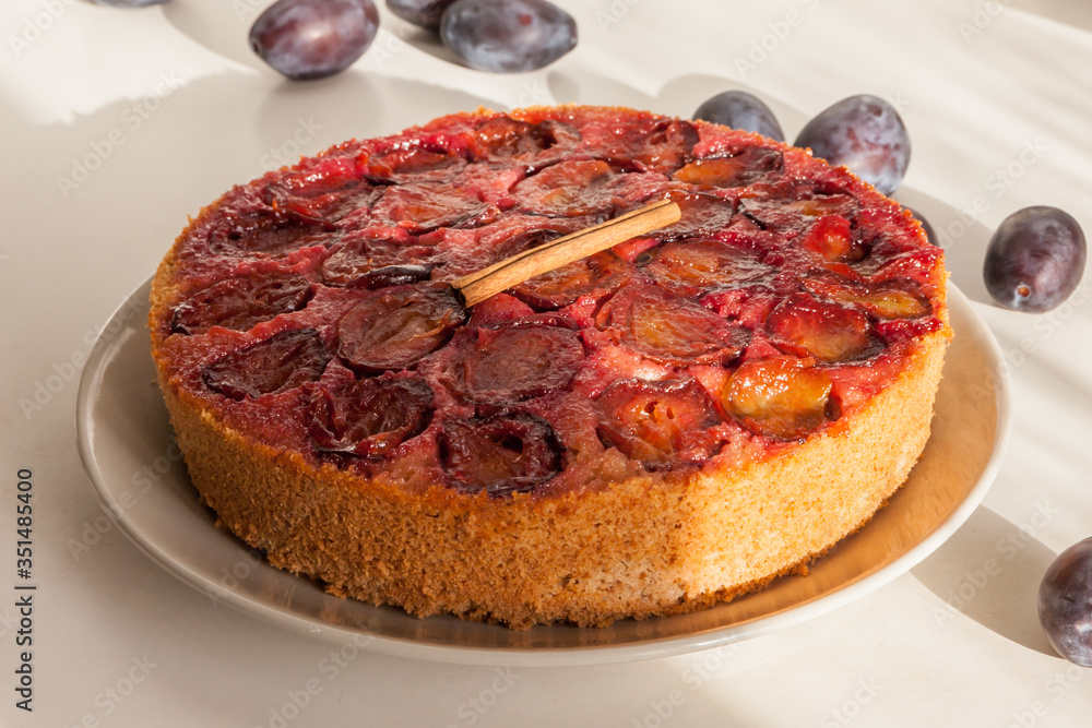 Homemade plum pie. Delicious family dessert. Home cooking Homemade plum pie. Delicious family dessert. Home cooking