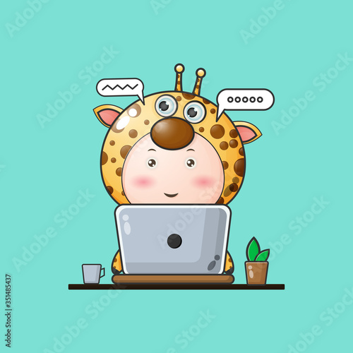 Illustration of a baby Giraffe working on a laptop. giraffe mascot cartoon characters