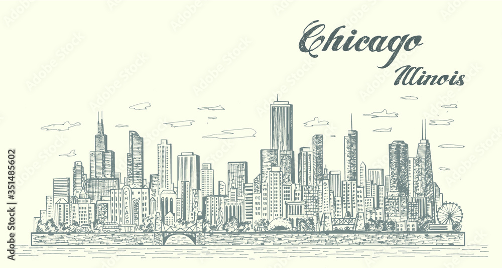 Naklejka premium Chicago Illinois city skyline. Sketch style isolated vector illustration. 