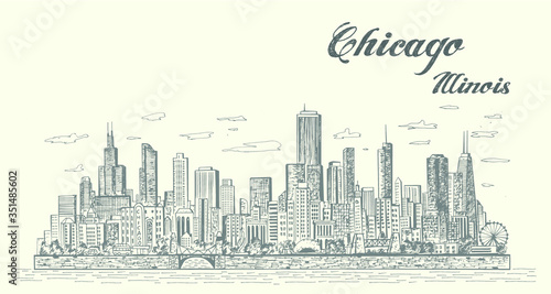 Chicago Illinois city skyline. Sketch style isolated vector illustration. 