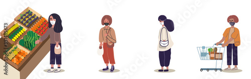 People keep distancing from each other and wearing face mask while buying fruits at supermarket. Physical distancing. New normal after covid-19 outbreak. Vector illustration in flat cartoon style.