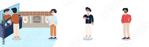 People keep distance from each other and wearing face mask while waiting to go to the toilet. Coronavirus, physical distancing. New normal after covid-19. Vector illustration in flat cartoon style.