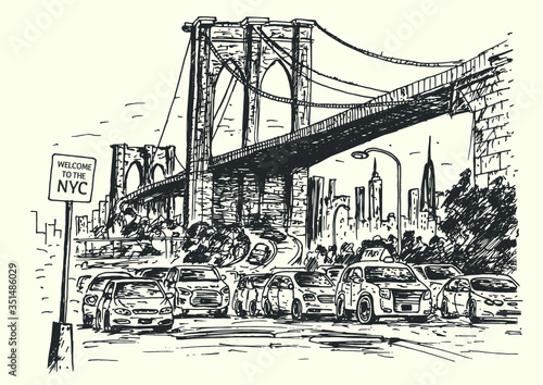 New York City street scene with traffic and Brooklyn Bridge on background. Sketch style, isolated, vector.