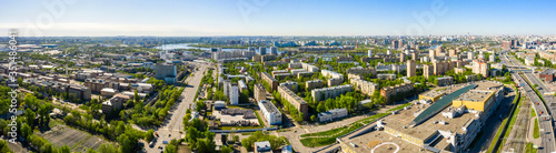 Aerial top view of road junction in Moscow from above, automobile traffic in the Moscow industrial zone near the automobile ring highway