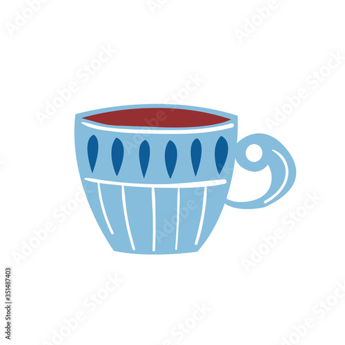 Little cute blue cup with beautiful patterns. Tableware for home. Lifestyle. Kitchen set, cup for coffee and tea. Flat colourful vector illustration, art isolated on white background.