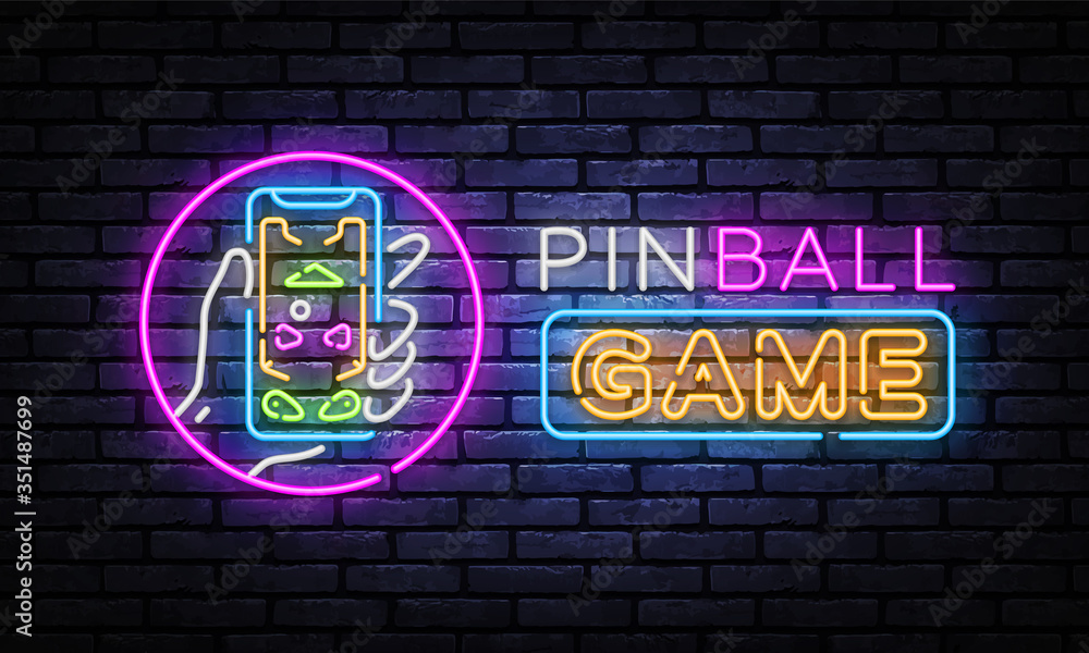Pinball game neon sign vector design template. Pinball game in