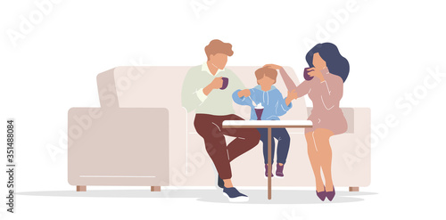 Family in cafe flat color vector faceless characters. Mother, father and kid drinking coffee and eating ice cream together isolated cartoon illustration for web graphic design and animation