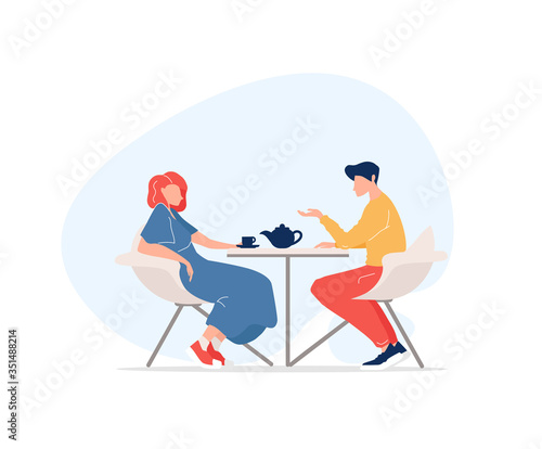 Man and woman meeting flat color vector faceless characters. Friends drinking asian tea. People having conversation in street cafe isolated cartoon illustration for web graphic design and animation