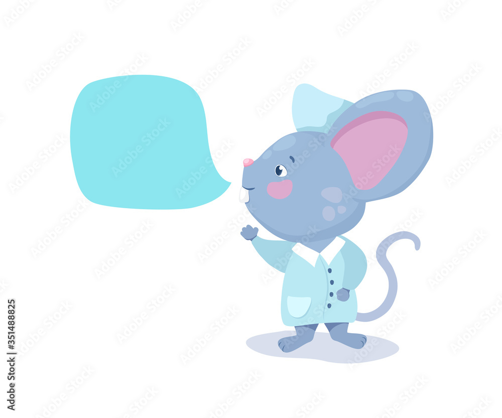Cute doctor mouse with text bubble vector character on white background. Grey mouse in lab coat. Cute doctor mouse with text bubble vector character on white background. Grey mouse in lab coat.