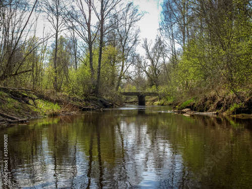 a small wild river, the first spring greenery, the silhouette of the bridge in the background, reflections in the river water