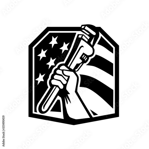 American Plumber Hand Holding a Pipe Wrench USA Flag Crest  Black and White Retro
