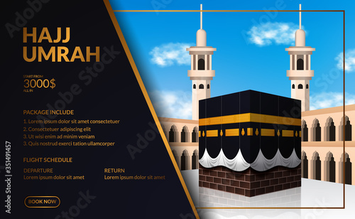 modern elegant luxury hajj and umrah tour travel poster, flyer, banner template with kaaba realistic illustration with blue sky. photo