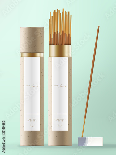 Vector Incense Stick with Kraft Paper Cone Packaging with White & Blue Ceramic Dish.