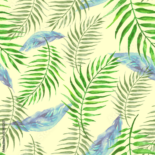 Seamless watercolor background from green tropical leaves, palm leaf, floral pattern. Bright Rapport for Paper, Textile, Wallpaper, design. Tropical leaves watercolor. Exotic tropical palm tree 