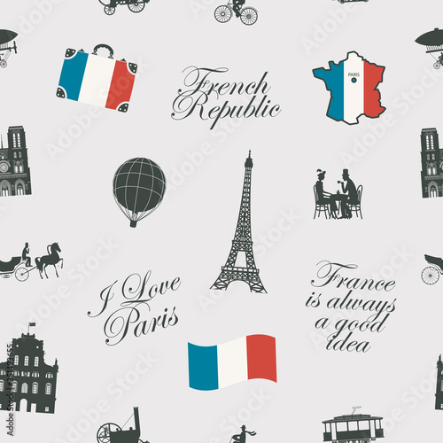 Vector seamless pattern on France and Paris theme with calligraphic inscriptions, landmarks, flag and map of French Republic in retro style. Suitable for background, wallpaper, wrapping paper, fabric