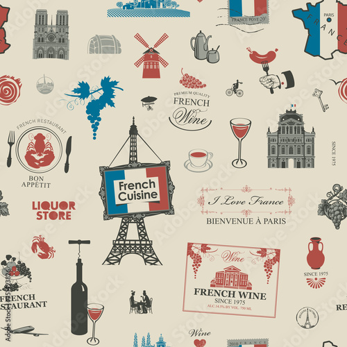 Vector abstract seamless pattern on the theme of France and French cuisine in retro style on a light background. Suitable for background, wallpaper, wrapping paper, fabric, package